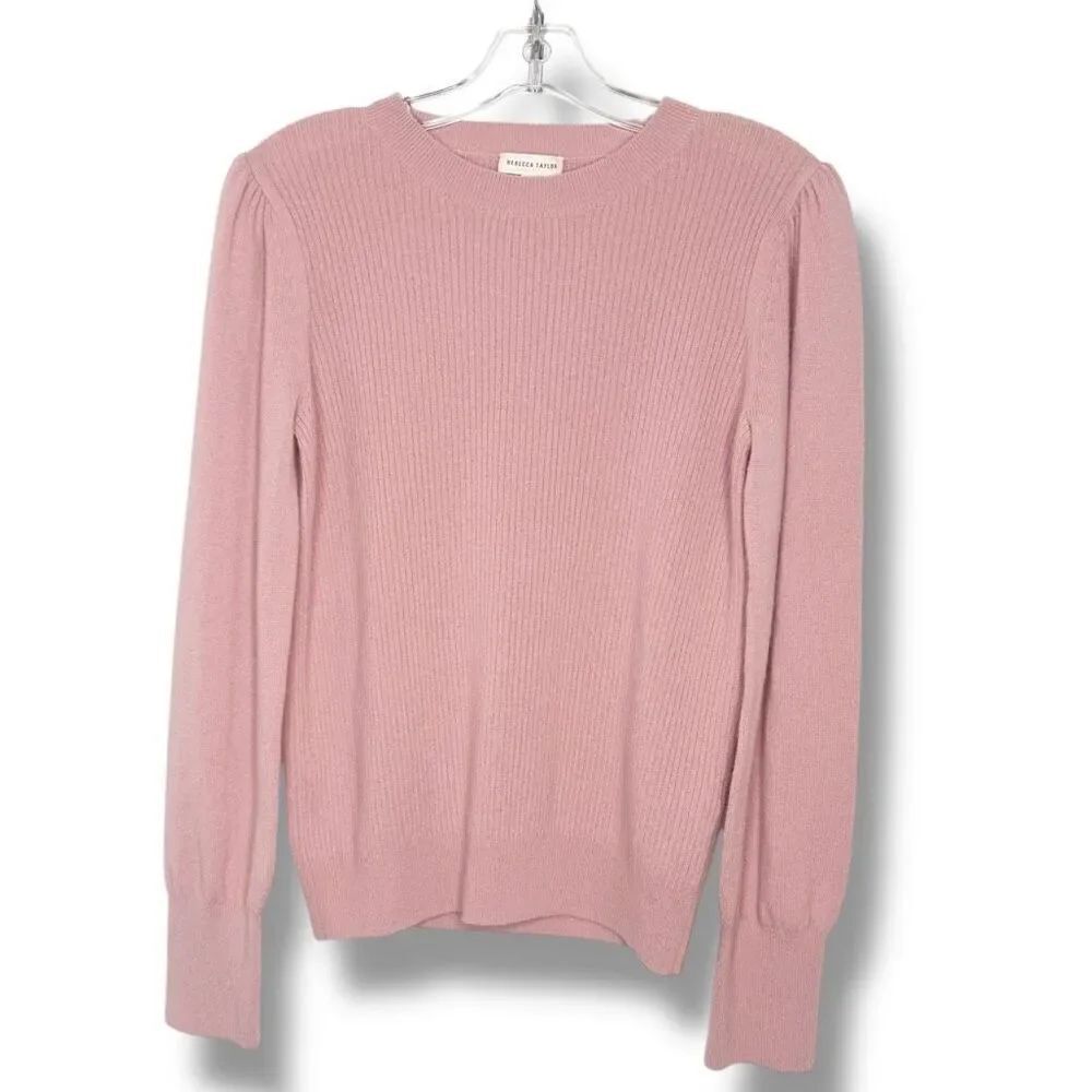 REBECCA TAYLOR 100% Cashmere Sweater Crew Neck Puff Sleeve Ribbed Pink Size L